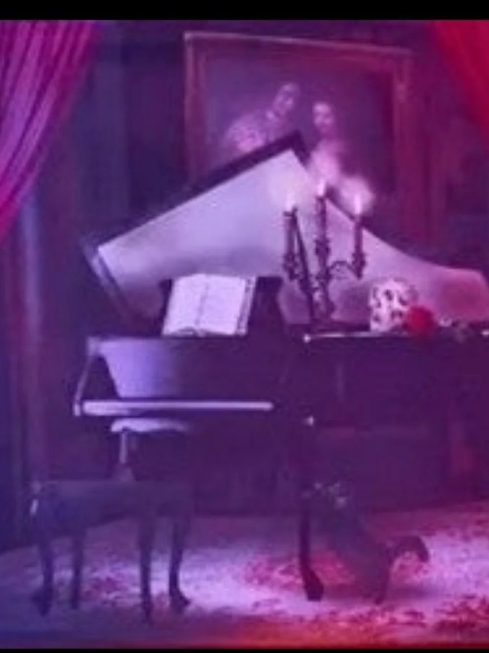 Vintage-Style Halloween Purple Grand Piano Wall Art Print with Candlelight Motif